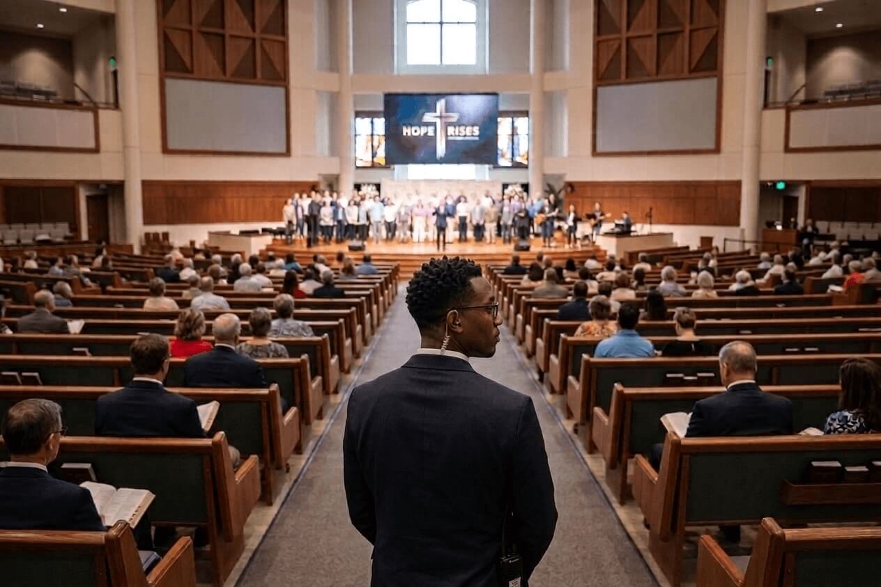 Discreet security personnel maintaining perimeter safety during a worship service at an Ohio church.