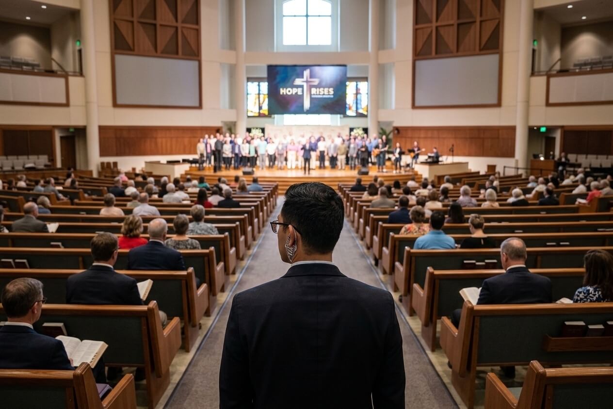 Discreet security personnel maintaining perimeter safety during a worship service at an Ohio church.
