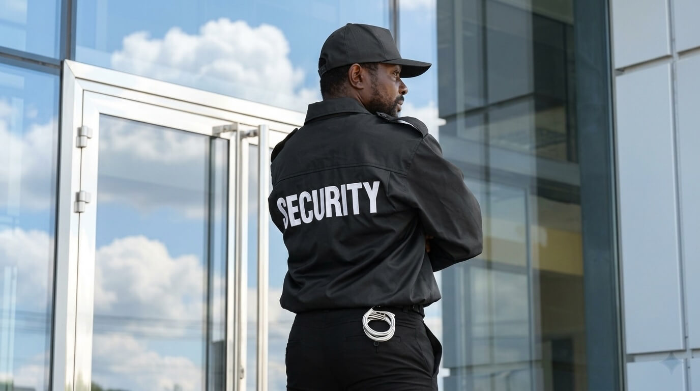 Professional security guard conducting visitor screening and lobby access control at an Ohio healthcare facility.